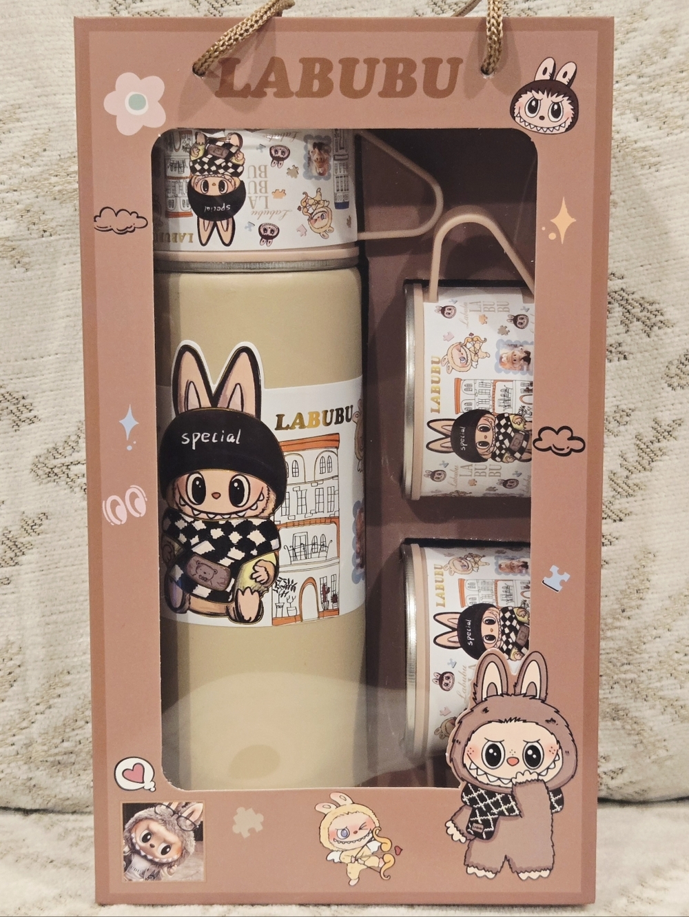 NIB - Labubu Theme Thermos Gift Set with Matching Mugs in Tan and White Color